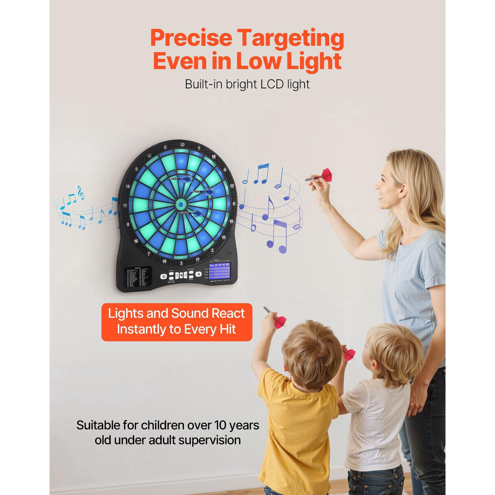 Electronic Dart Board LED Illuminated Target with 48 Games 500 Variations 6 Dart Shafts Flights 50 Soft Tips Cricket Scoring LCD Screen Supports 8 Players