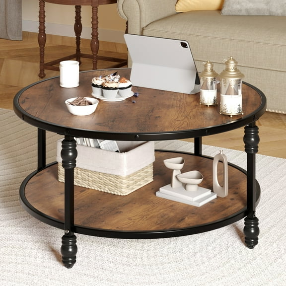 M optimized 30"/34" Round Coffee Table for Living Room Rustic Center Table with Storage Shelf Wood Circle Coffee Table with Sturdy Metal Legs, Easy Assembly