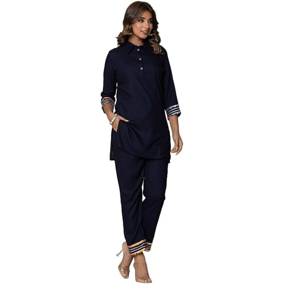 Vi VIHAAN IMPEX Women's Athleisure Blouse & Capri Pants Set, Solid Print with Tab 3/4 Sleeve