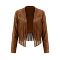 thumbnail image 4 of Ndbuld Casual Jackets for Women Women V Open Front Long Sleeve Studded Fringe Tassel Cropped Solid Casual Western Jacket Outerwear,Khaki,XL, 4 of 7