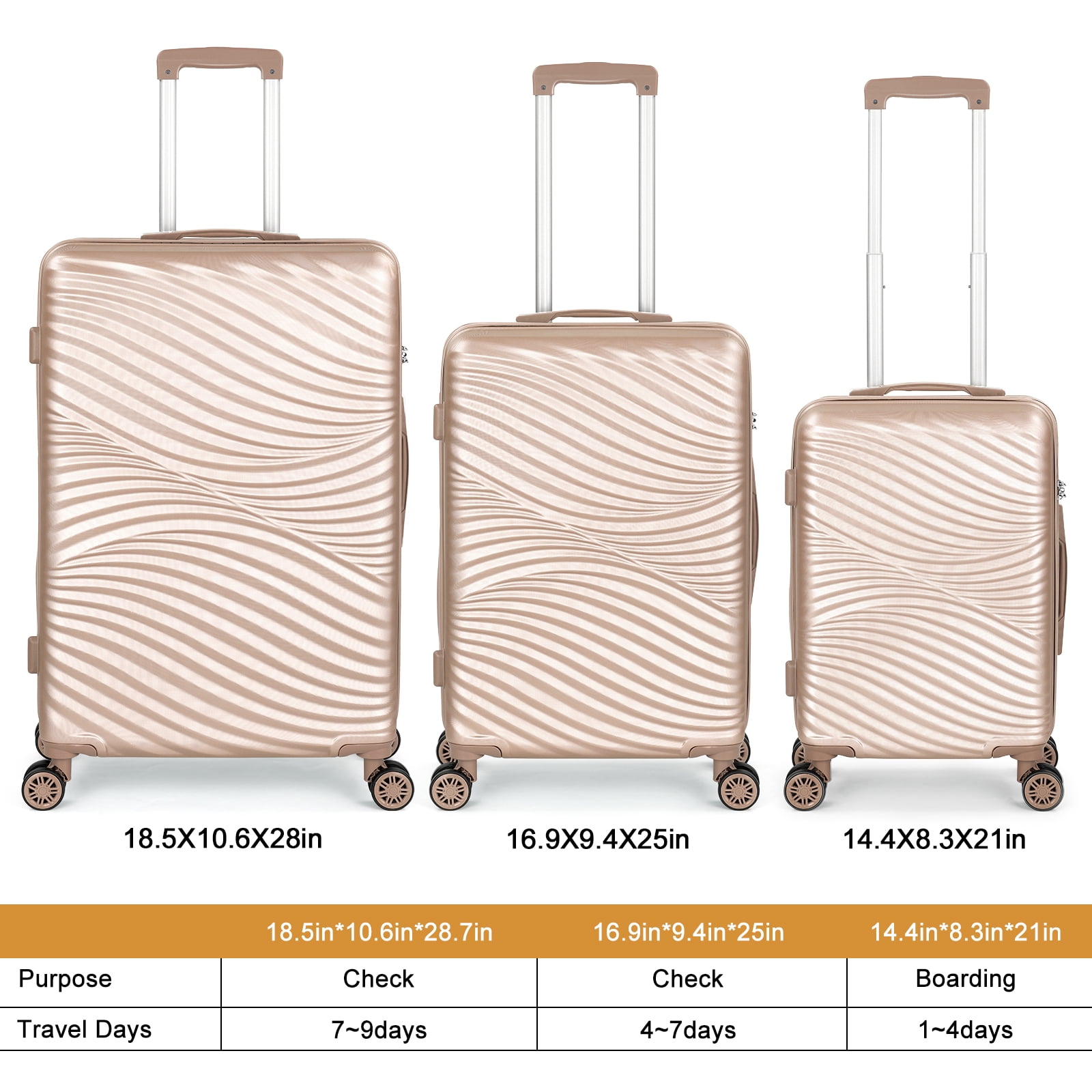 Luggage Sets 3 Pieces ABS Durable Suitcase Gold 20"24"28"