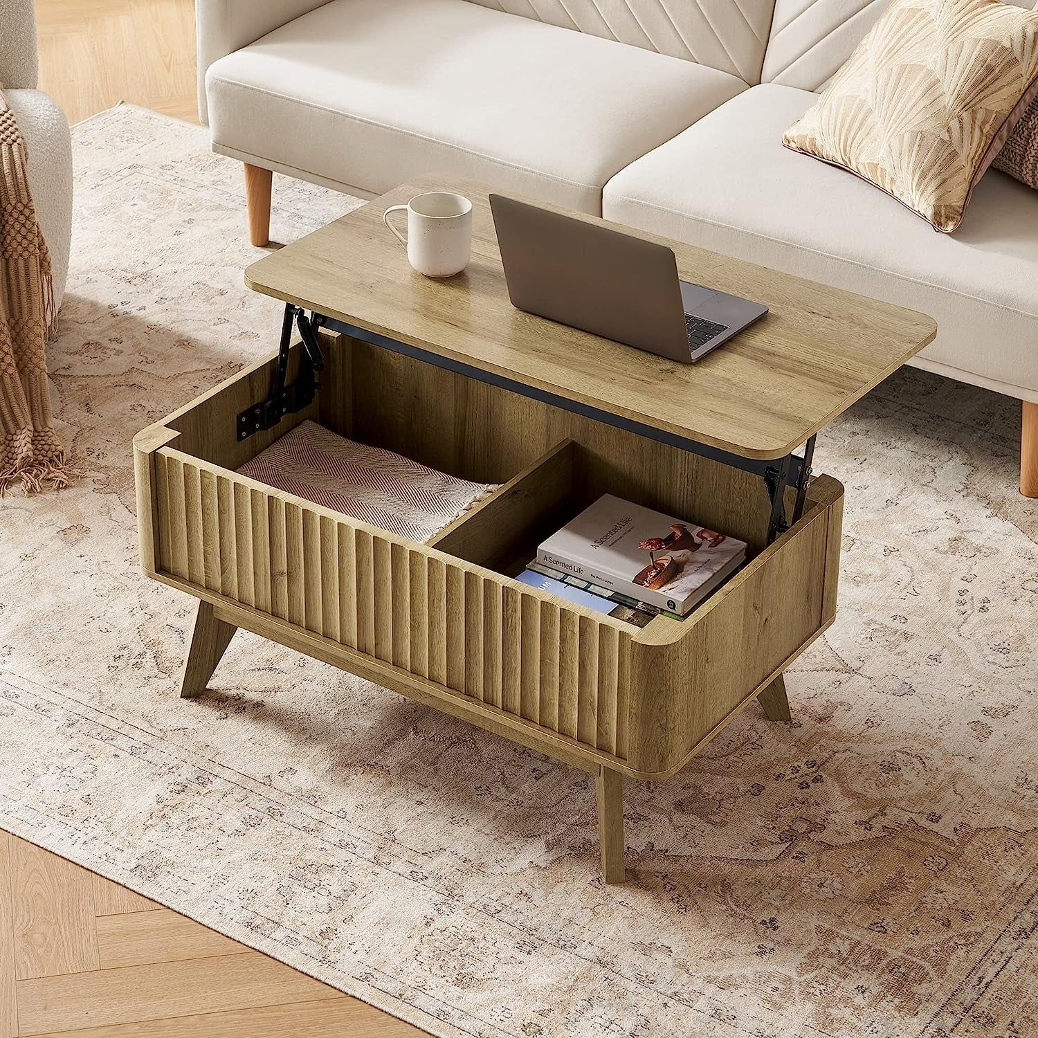 Mopio Brooklyn Mid-Century Modern Lift Top Coffee Table with Storage for Living Waveform Panel -