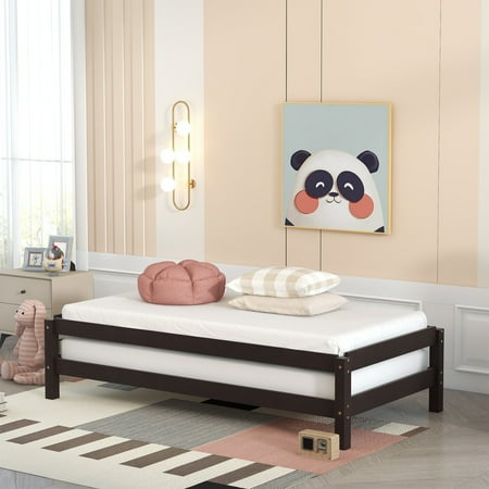 Twin Size Platform Bed  Solid Wood Convertible Platform Bed  2 Twin Wood Bed Guest Bed  Stackable Bed Frame with Slats Support for Kids Teens Boys and Girls  Bedroom Nurseries Bed  Espresso