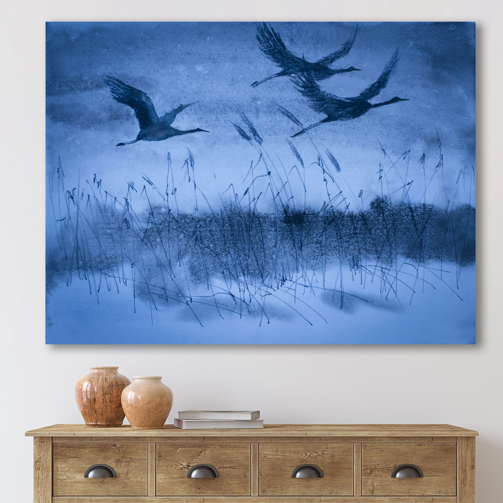 Designart ' Cranes In Flight During Blue Evening Light ' Traditional Canvas Wall Art Print
