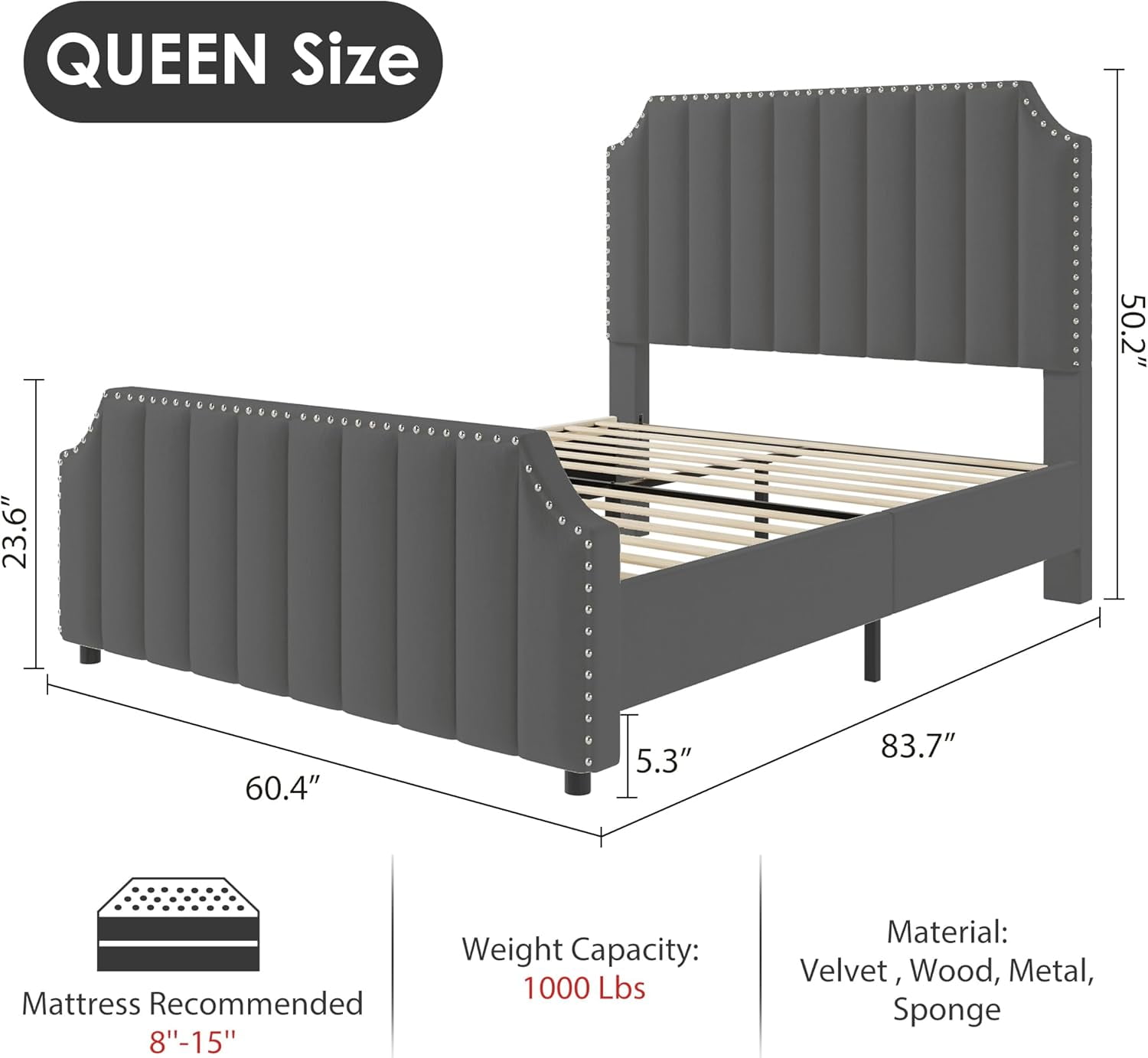 Yesurprise Queen Size Platform Bed Frame with 50.2Inches Headboard, Velvet Upholstered Bed Frame King with Vertical Channel Tufted Headboard & Footboard, Nailhead Trim, No Box Spring Needed