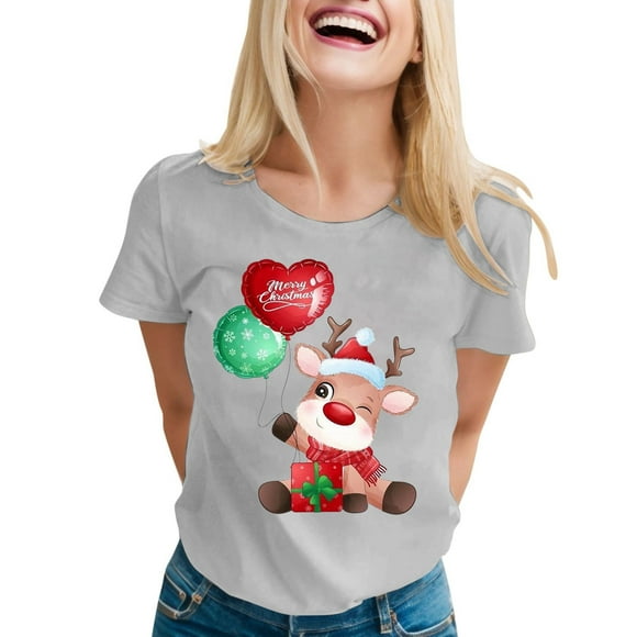 LUOGENLI Female T-shirts for Womens Womens Casual and Fashionable Christmas Reindeer Print Short Sleeve Round Neck T Shirt T-shirts for Women Graphic Tee Funny Valentines Grey L