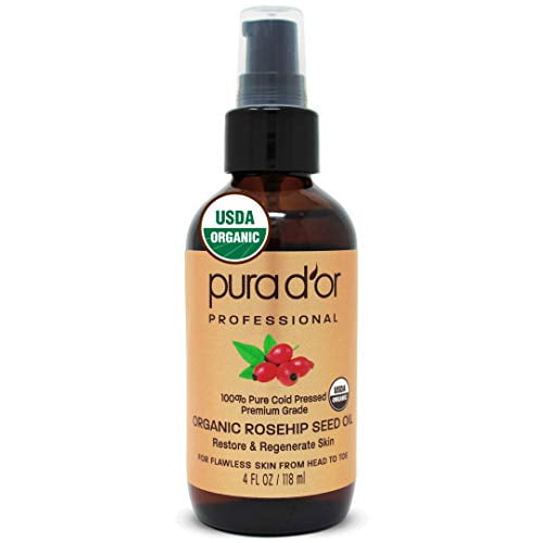 PURA D'OR Organic Rosehip Seed Oil (4oz / 118mL) 100% Pure Cold Pressed USDA Certified Organic, All Natural Anti-Aging Moisturizer Treatment for Face, Hair, Skin, Nails, Men-Women (Packaging may vary)