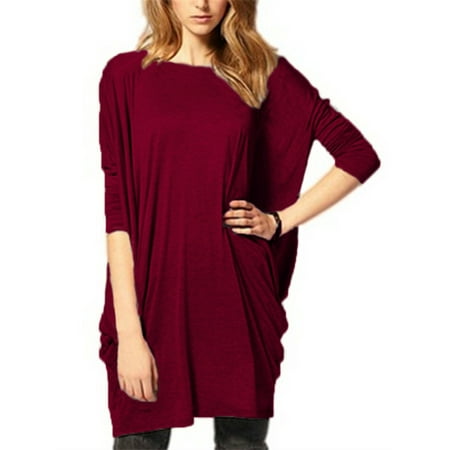 Batwing Knitted Dress - Women Loose Ruffle Batwing Long Sleeve Comfy Blouses Mini Dress