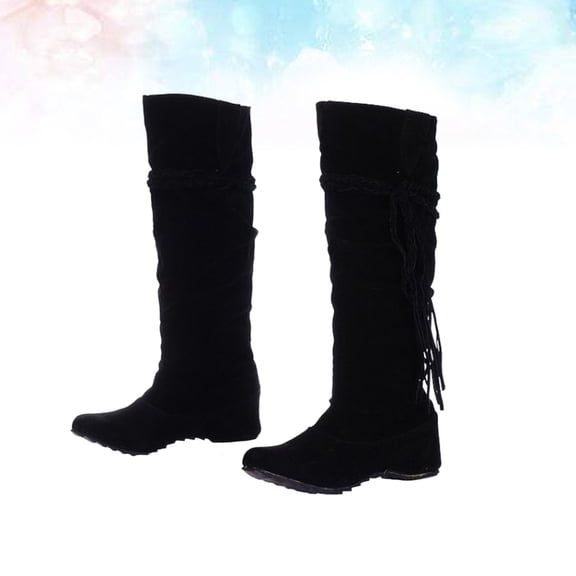 EXHUMKY Wide Shoes Women Fringe Boots Knee High Boots Matte Comfortable Wear Black Fashionable Outdoor Walking