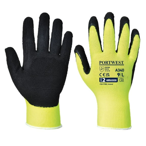 Portwest A340 Latex Foam Work Gloves Hi-Vis Grip Gloves Yellow, XX-Large