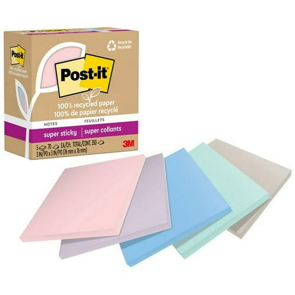 Post-it® Recycled Super Sticky Notes - 70 - 3" x 3" - Square - 70 Sheets per Pad - Wanderlust Pastels - Adhesive - 5 / Pack | Bundle of 5 Packs