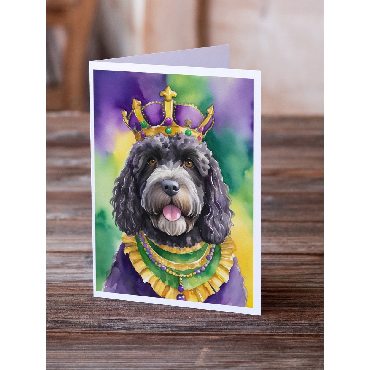 Portuguese Water Dog King of Mardi Gras Greeting Cards Pack of 8 7 in x 5 in