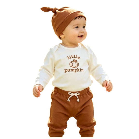 Dakiuu Baby Boys Girls Winter Fall Clothes Unisex Cute Pumpkin Long Sleeve Romper Bodysuit Tops with Drawstring Jogging Pants and Hats 3pcs Outfit Clothing for Newborn Infant
