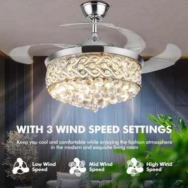 AFANQI Crystal LED Chandelier Remote Invisible Blade Ceiling Fan Light