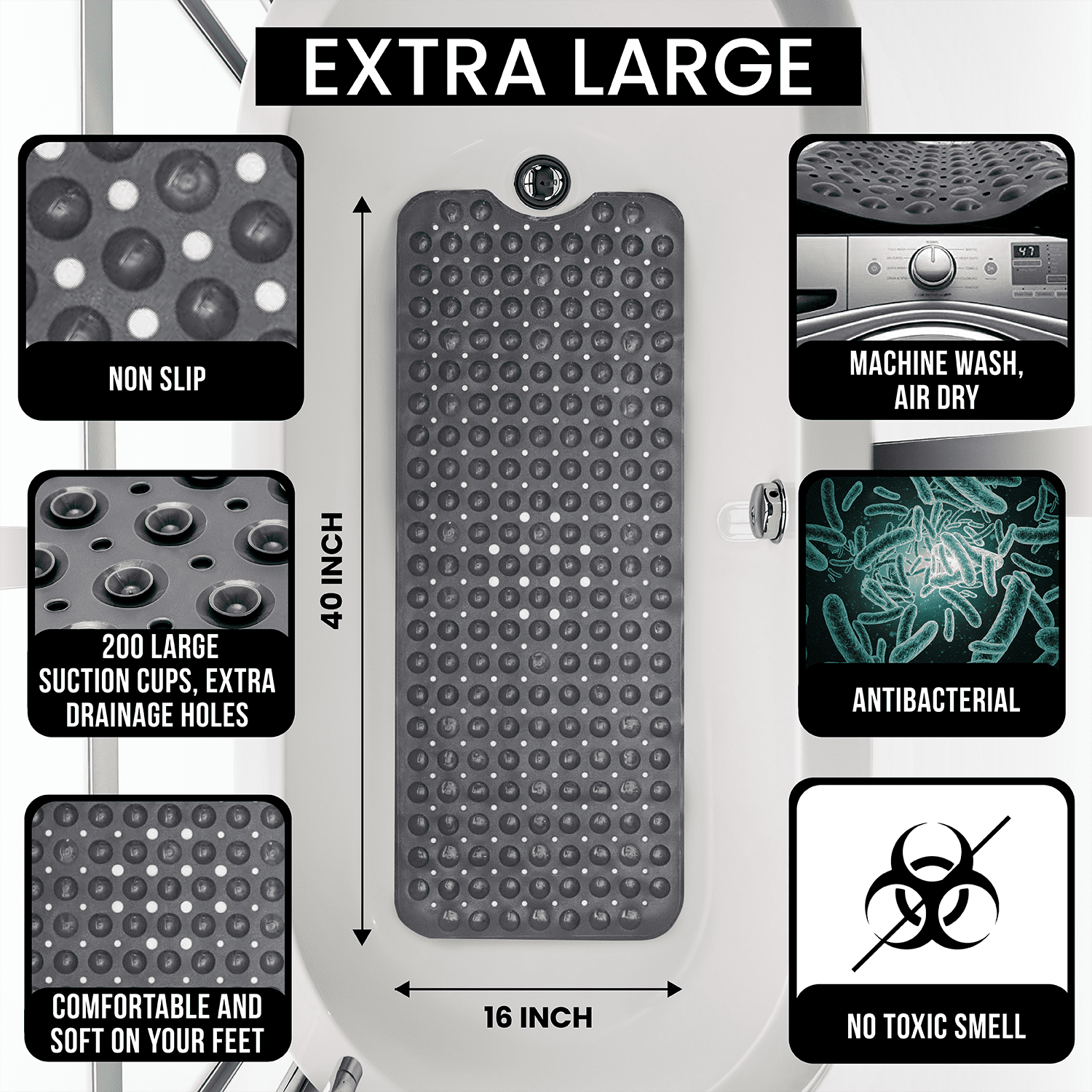  Yimobra Original Bathtub Mat Non Slip, Extra Long Mat for Tub  with Big Suction Cups and Drain Holes, Machine Washable Tub Shower Mats for  Bathroom 16 x 40 Inches, Phthalate Latex