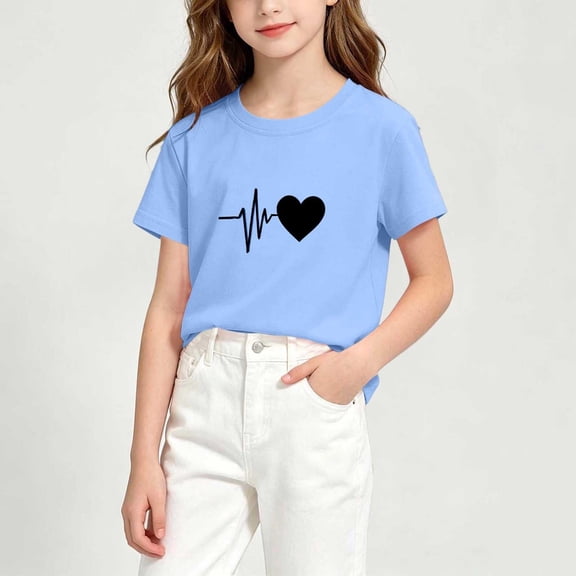 WQNVRNR Girls Short Sleeve Shirt- Cute Printed Loose Casual Crewneck Summer Tops Light Blue Size 10