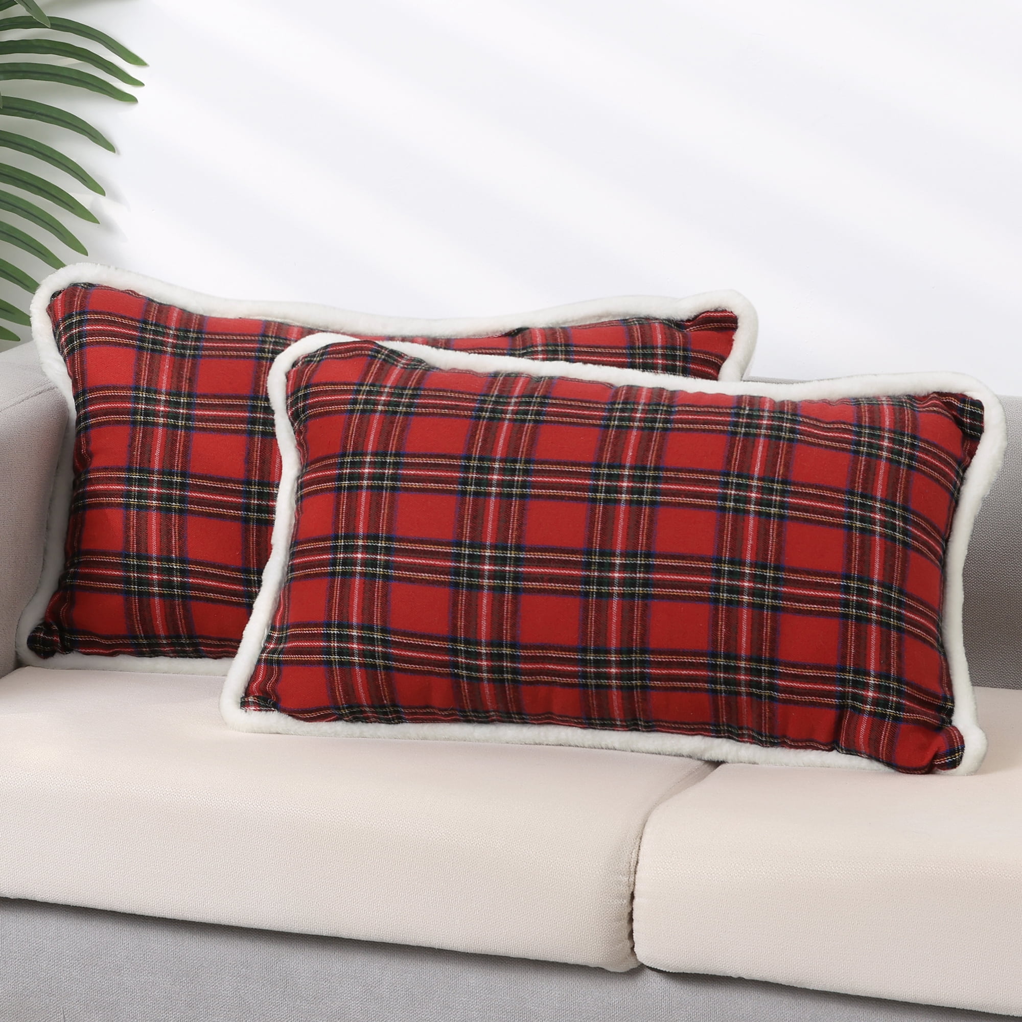 Unique Bargains 2 Pack Plaid Pillow Covers Double-Sided Checked Decorative Pillow Covers Red 12" x 20"