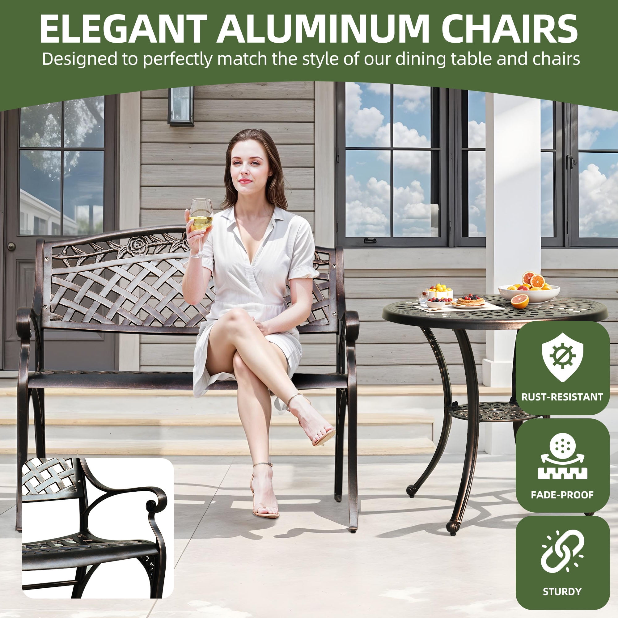 Uforic Cast Aluminum Outdoor Metal Garden Bench with Round Patio Dining Table with Umbrella Hole,Outside Dining Bench Set