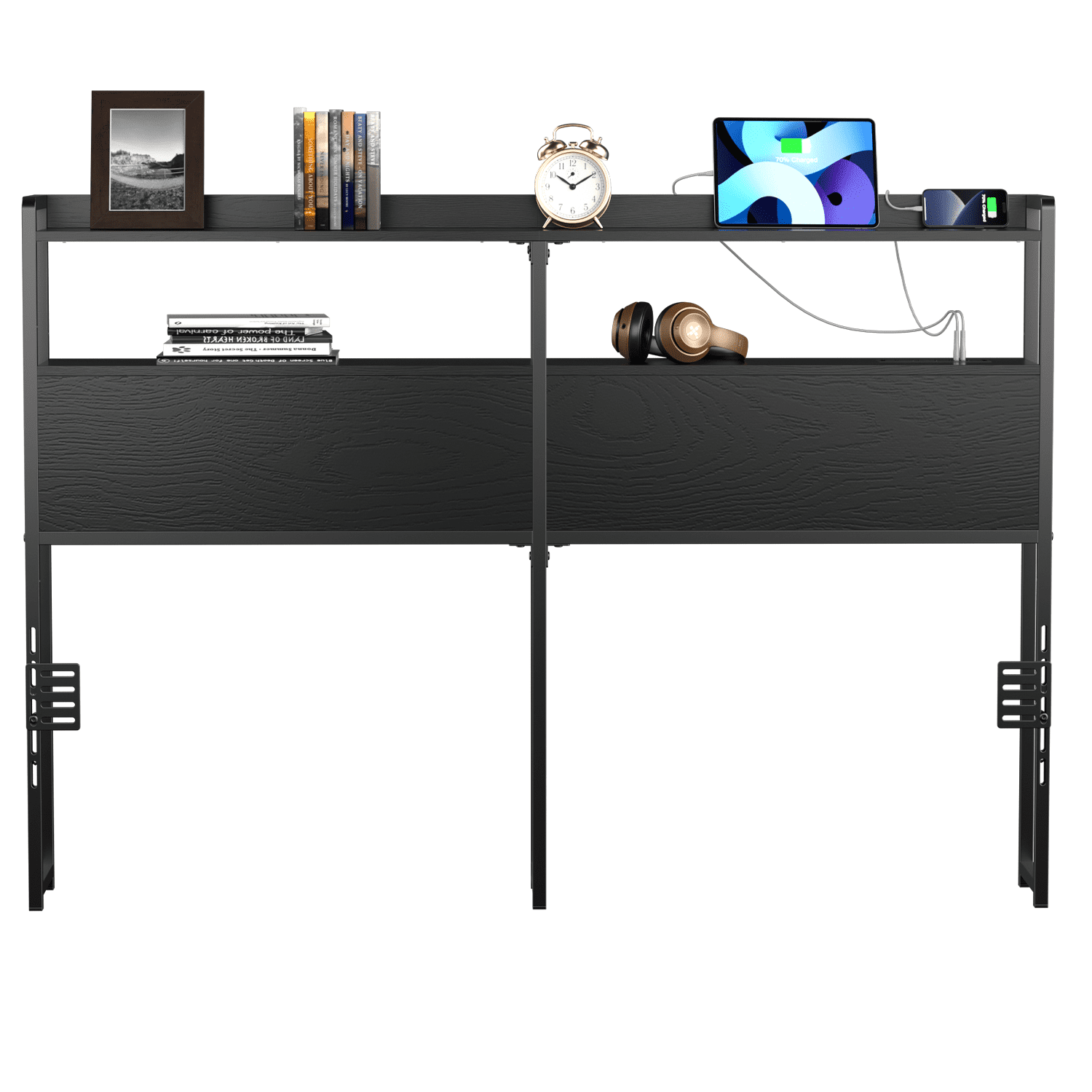 Behost Queen Size Panel Headboard with Outlet and LED Light, Queen Headboard with Two Tiers of Storage, Black