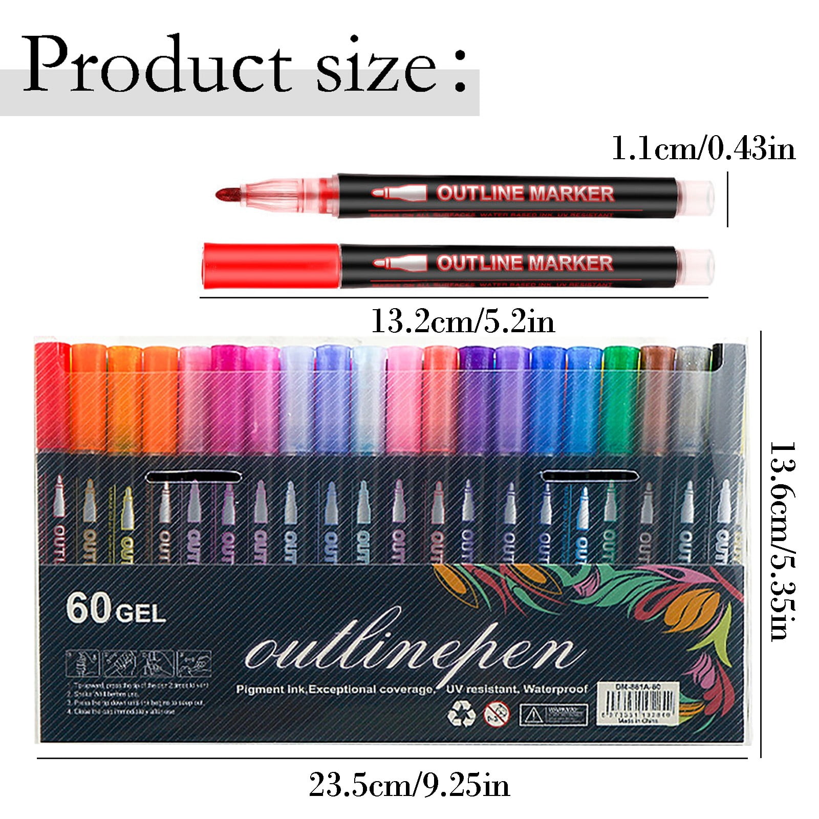 Dual-Line Contour Pen Set with Metallic Outline, Double Line Outline Art Pen, Quick-Dry Ink for Drawing, Coloring & DIY Crafts, 60 Colors, 9.25x5.35"