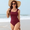 thumbnail image 2 of MLQIDK Women One Piece Swimsuit Tummy Control High Waisted Modest Full Coverage Swimwear Solid Color Ruched Square Neck Bathing Suit Wine S, 2 of 5