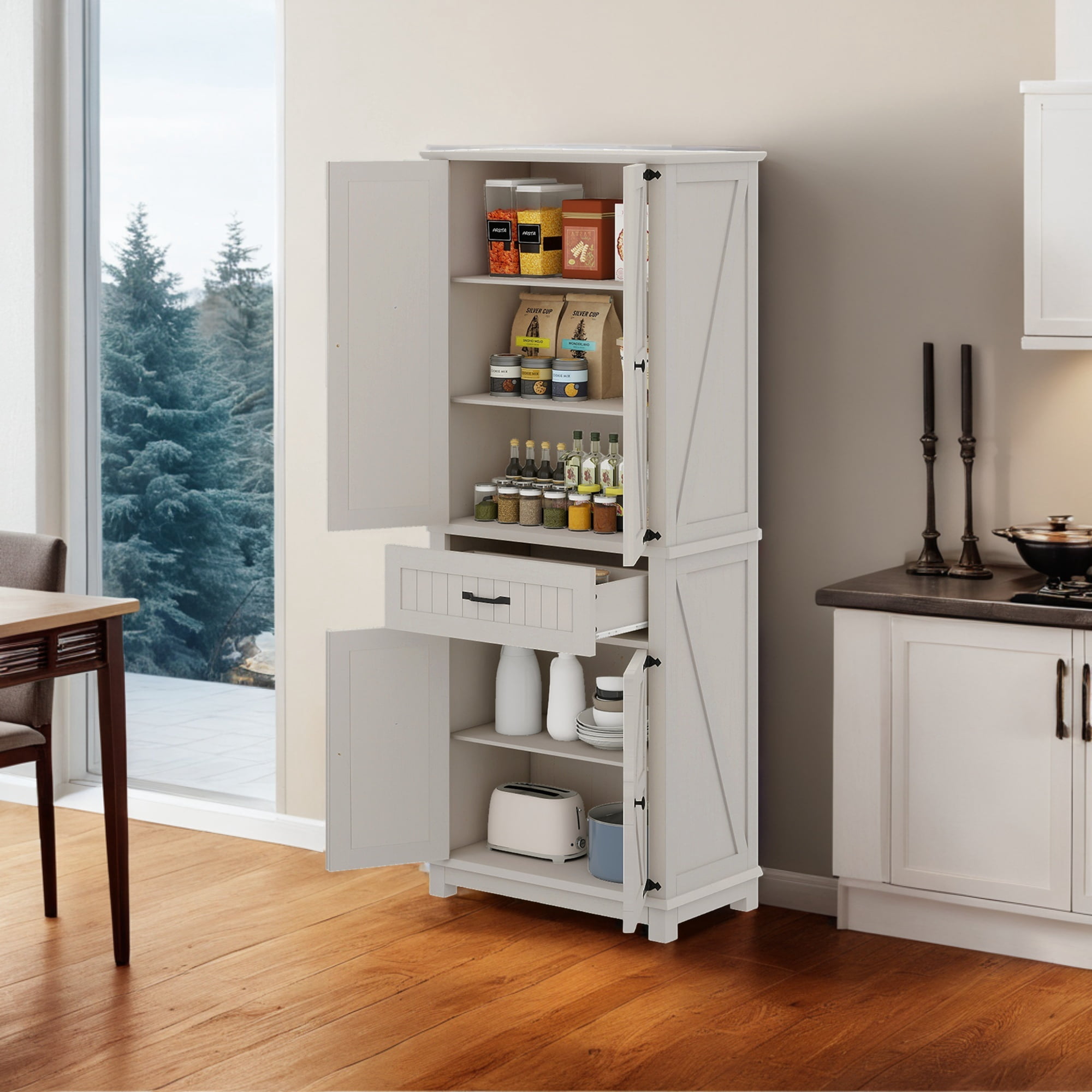 Uforic Farmhouse Kitchen Pantry Storage Cabinet with Doors and Drawer, White