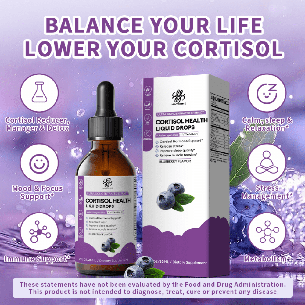 Cortisol Supplement Liquid Drops, 10 in 1 Cortisol Manager Reducer with Magnesium, Ashwagandha, L-theanine for Balanced Cortisol and Mood Support - 4 fl oz, 2 Pack, Blueberry Flavor