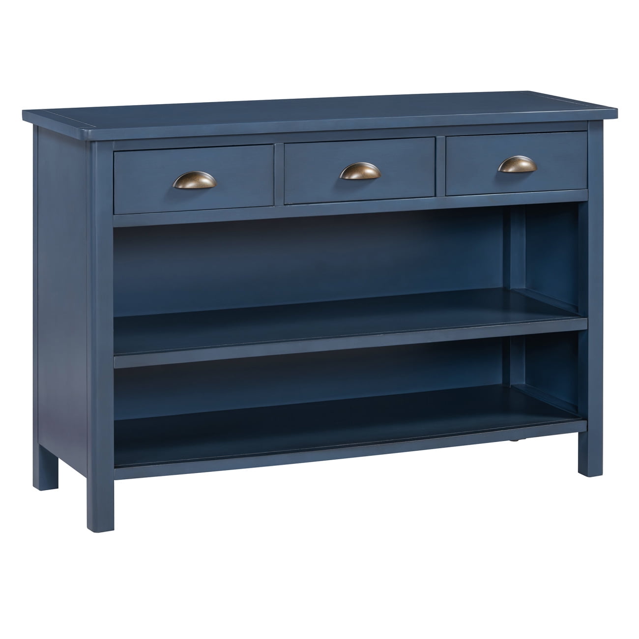 47" Retro Console Table with 3 Storage Drawers, Entryway Table with 3 Water Hyacinth Woven Baskets and Shelf, Wooden Buffet Cabinet for Entryway Hallway Living Room, Navy