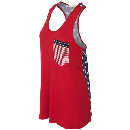 KOGMO Womens American Flag Sleeveless Jersey Racer Back Tank Tunic Top Made in USA