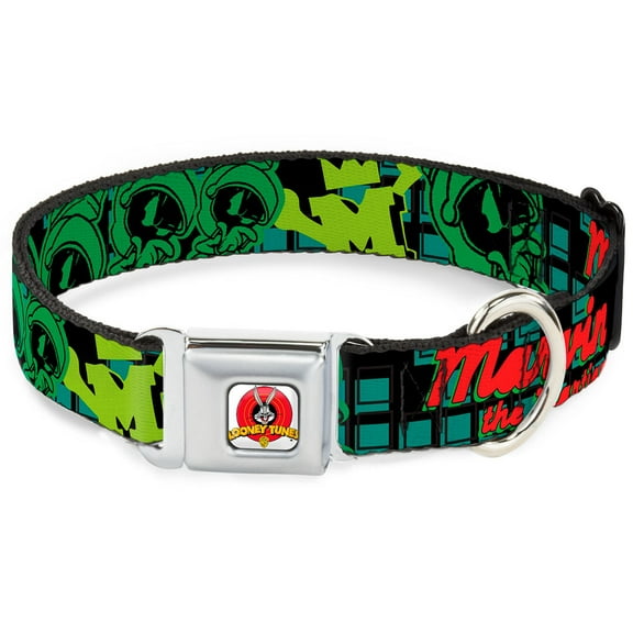 Looney Tunes Pet Collar, Dog Collar Metal Seatbelt Buckle, Marvin the Martian Poses Black Turquoise, 20 to 31 Inches 1.5 Inch Wide