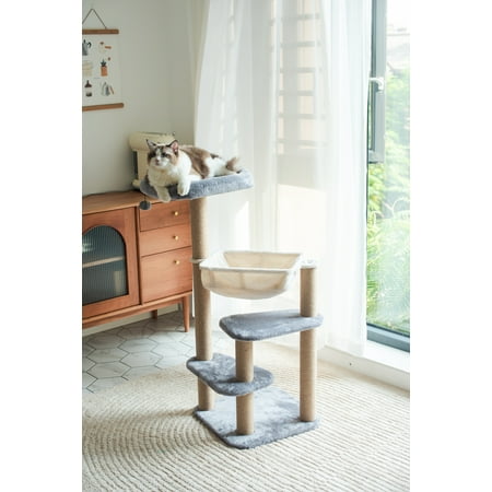 UPC: 0819776023997 | PetPals 42  Gray 4-Level Medium Cat Tree w/ Hammock Sisal Rope Scratching Post Tower Foam-Padded Perches Indoor Climbing Cat Furniture with Free Cat Teaser Bounus