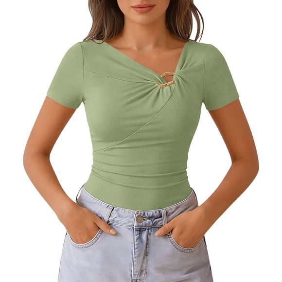 fatyb Womens Asymmetrical Tops Casual Short Sleeve Slim T-Shirts Summer Fashion Going out Dressy Tops