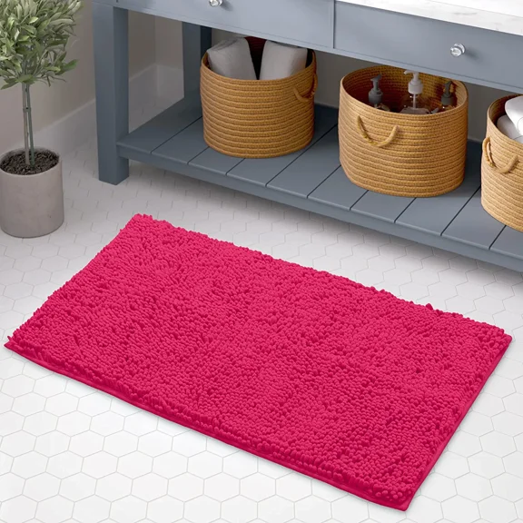 Bath Mat By LuxUrux-Extra-Soft Plush Bath Shower Bathroom Rug,1'' Chenille Microfiber Material, Super Absorbent Shaggy Bath Rug. Machine Wash & Dry (15 x 23, Hot Pink)
