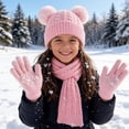 thumbnail image 4 of 3 Pcs Kids Winter Knit Hat Scarf Gloves Set for Boys Girls Pompom Beanie Thick Thermal Sets for Outdoor Ski Wear Pink 3-12 Years, 4 of 5