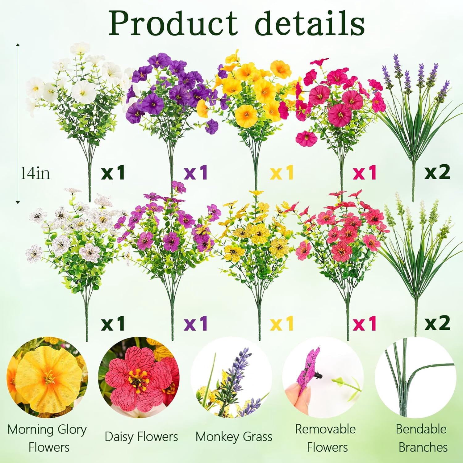 Artificial Flowers for Outdoors, 12 Bundles Mixed Faux Silk Spring Flowers Look Real Fake Plants for Front Door Porch Planter Patio Garden Yard