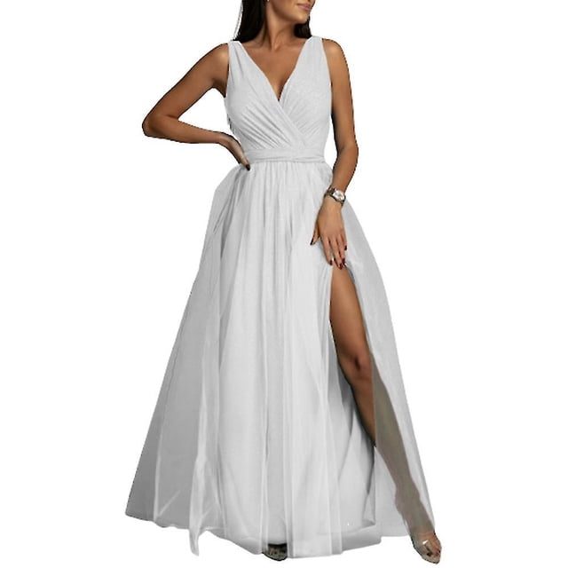 Vestido largo de dama de honor con cuello en V para mujer, vestido de baile de graduación, fiesta de noche, cóctel, vestidos largos divididos