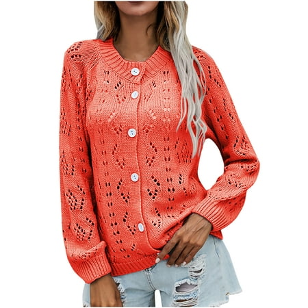 Black and Friday Deals Cardigan Clearance Women'S Fashion Round Neck Solid Hollow Button Knitted Sweater Cardigan Orange L Y3Y