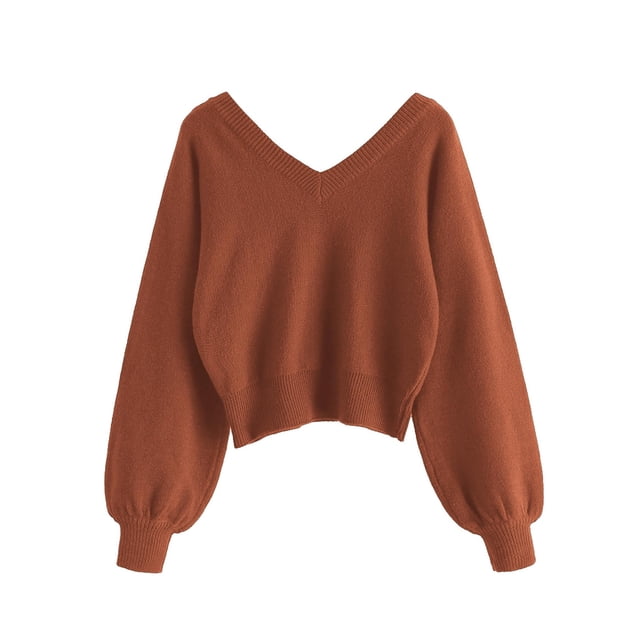 Jersey ZAFUL para mujer, cuello en V, manga larga, rojo ladrillo, XL