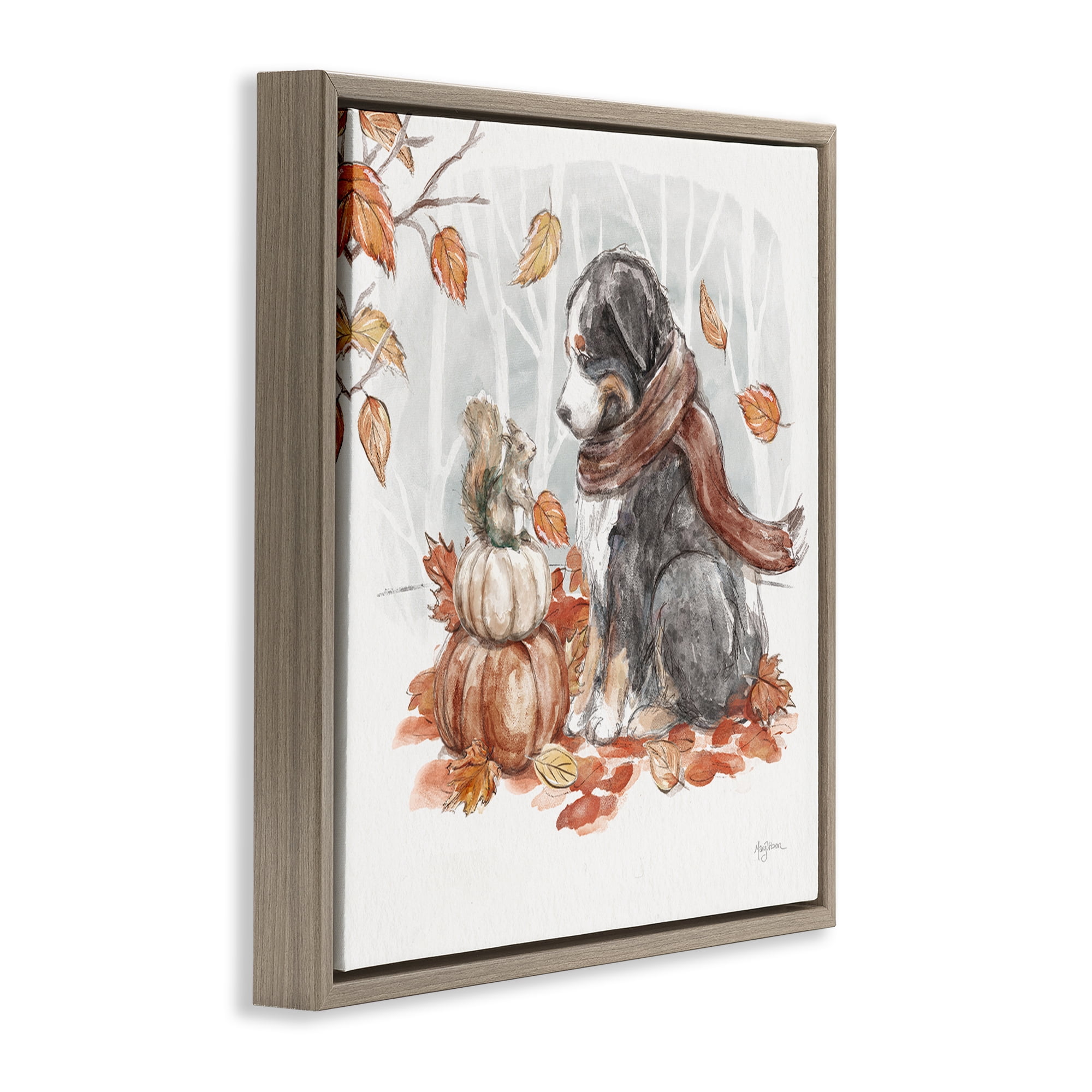 Stupell Industries Dog & Fall Pumpkins Holiday Painting Brown Floater Framed Canvas Art Prints Wall Art, 25 x 25