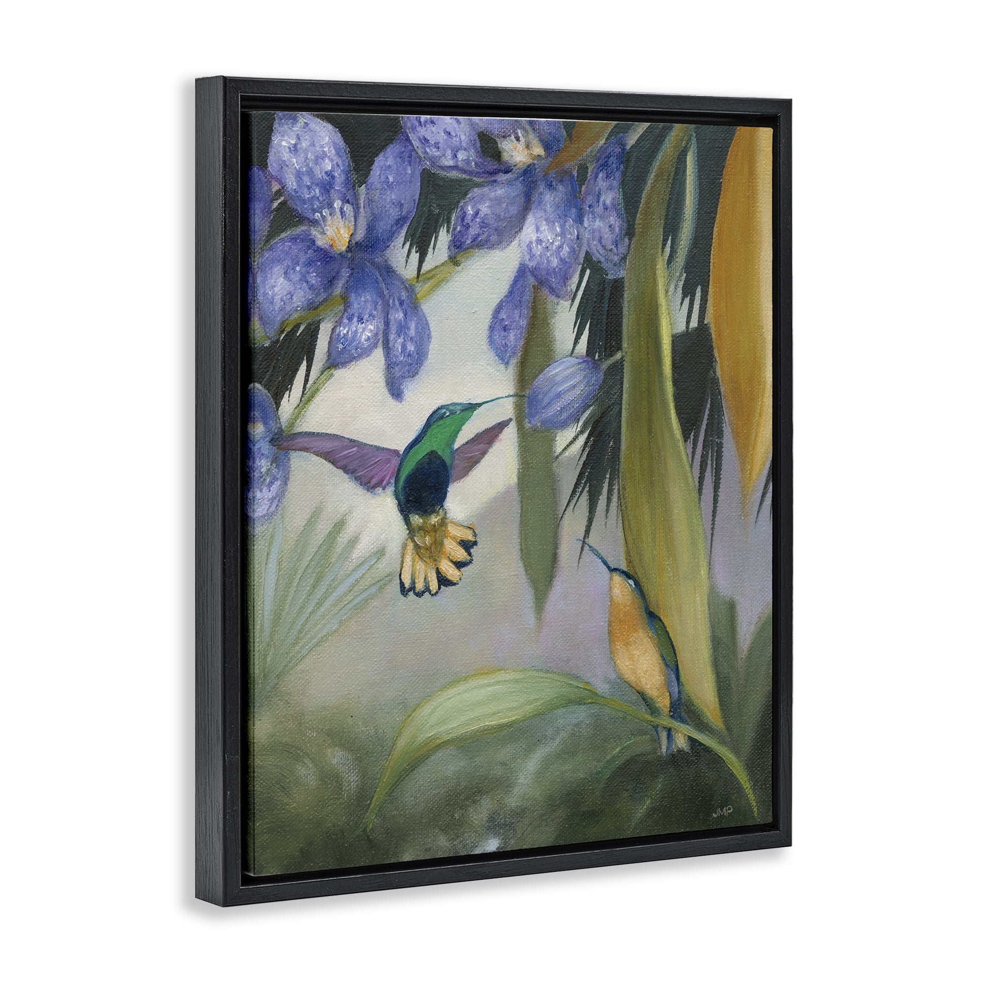 Stupell Industries Hummingbirds in Nature Landscape Painting Black Floater Framed Canvas Art Print Wall Art, 17 x 21
