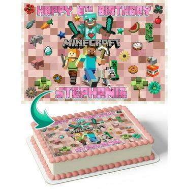 SugarMeLicious Pink Minecraft Edible Cake Topper Image for 1/4 Sheet Cake: Personalized Birthday Banner for Gamer Girls and Minecraft Themed Parties