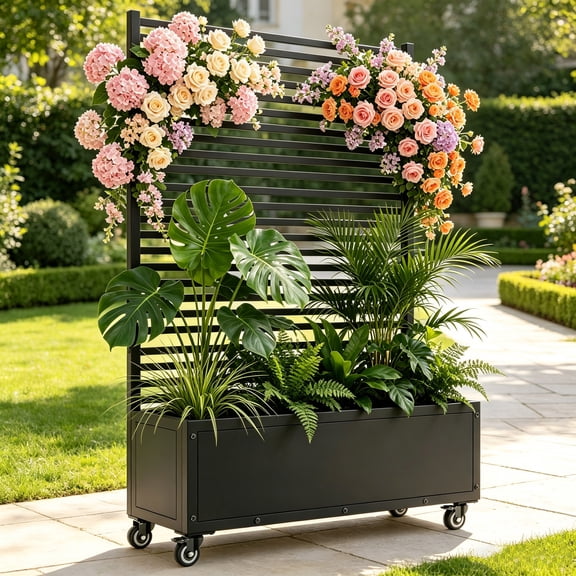 YOHKOH Raised Garden Bed with Trellis & Wheels, Metal Planter Box with Privacy Screen, 70.3" x 47.2" x 14.7", Locking Casters & Drainage Holes, Black