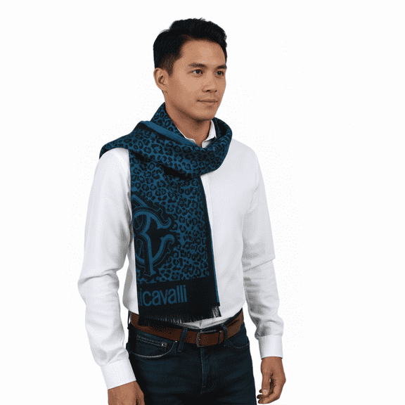 Roberto Cavalli ESZ056 04505 Turquoise Wool Blend Leopard Print Mens Scarf for mens