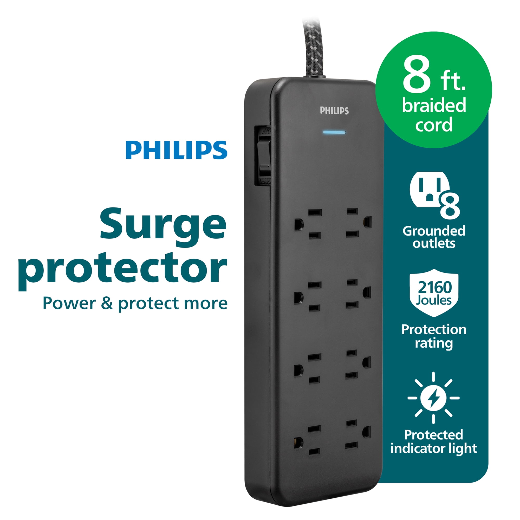 Philips Surge Protector Power Strip, 8 Ft Long Braided Extension Cord, 8 Outlet Extender (Wide Spaced), 2160 Joules, Flat Plug, On Off Switch, Black