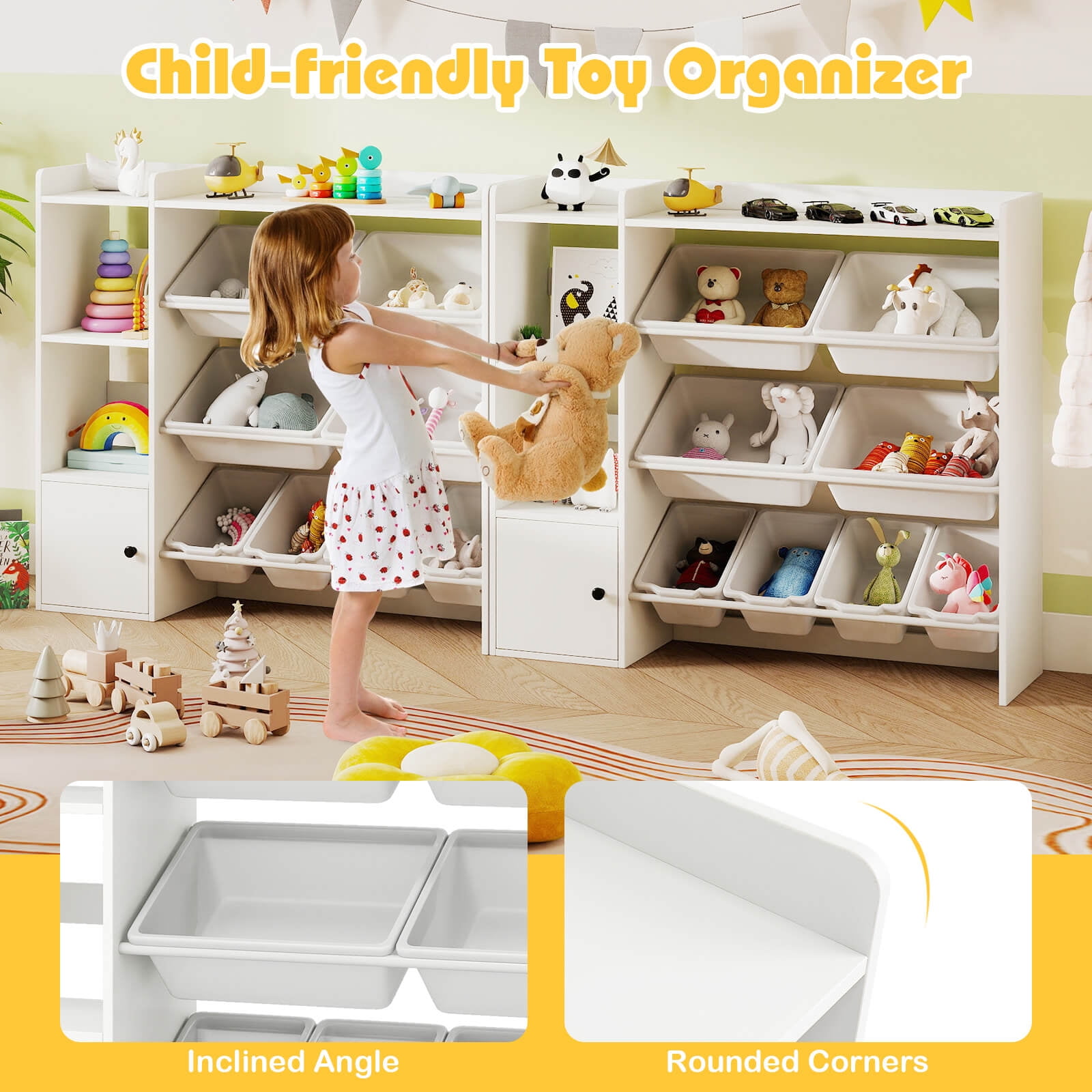 Costway Kids Toy Storage and Bookshelf, Wooden Bookcase with 4 Small Boxes & 4 Large Boxes