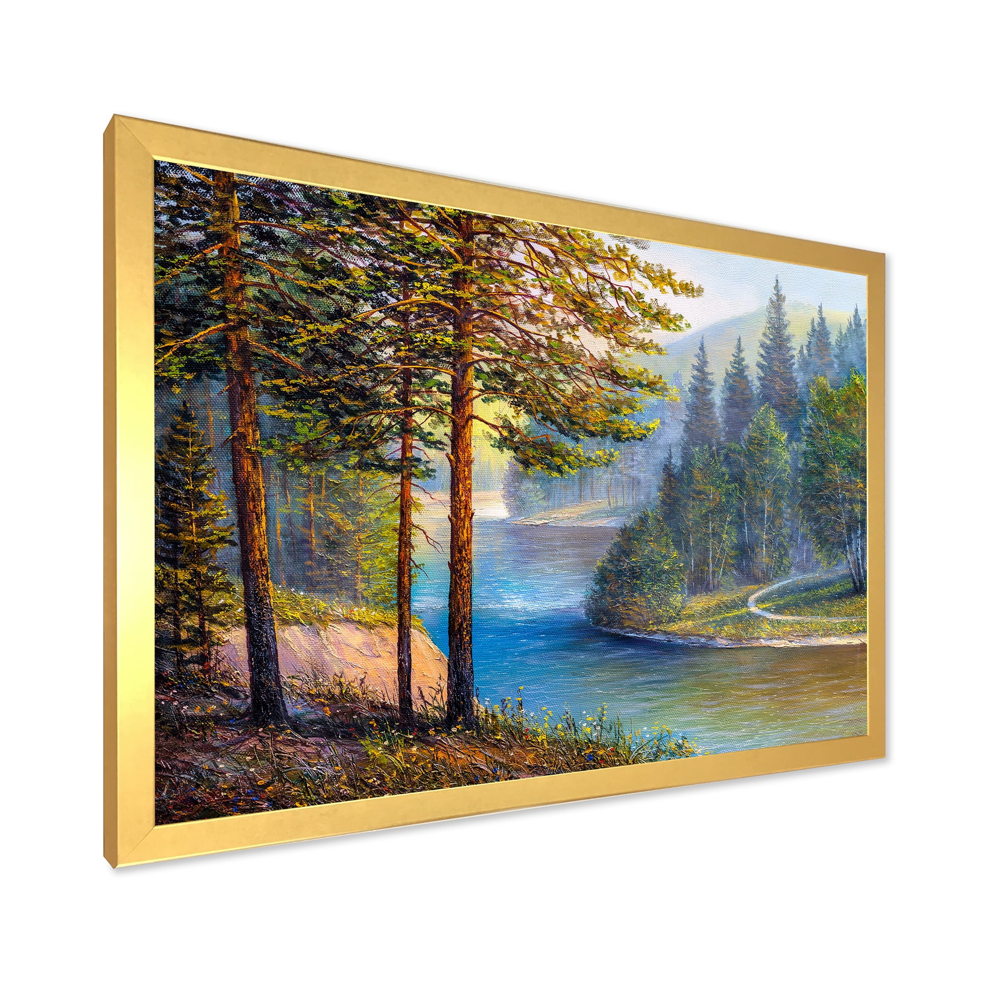 Designart 'Sunrise Glow Through The Pine & Fir Forest' Lake House Framed Art Print