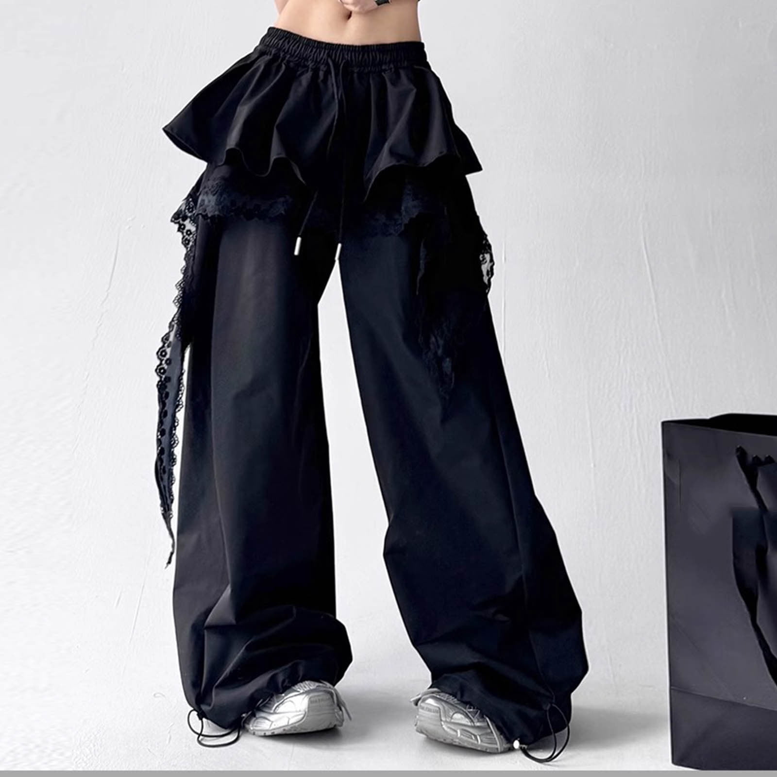 Htigea Parachute Pants for Women Y2k Lace Trim Elastic Waist Wide