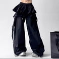 thumbnail image 5 of Karymi Sweatpants Women Solid Layered Ruffle Skirt Overlay Cargo Pants, Lace Spliced Side Decor, Drawstring Cuffed Ankle Hem Streetwear Pants With Pockets Linen&nbsp;Pants&nbsp;Women, 5 of 6