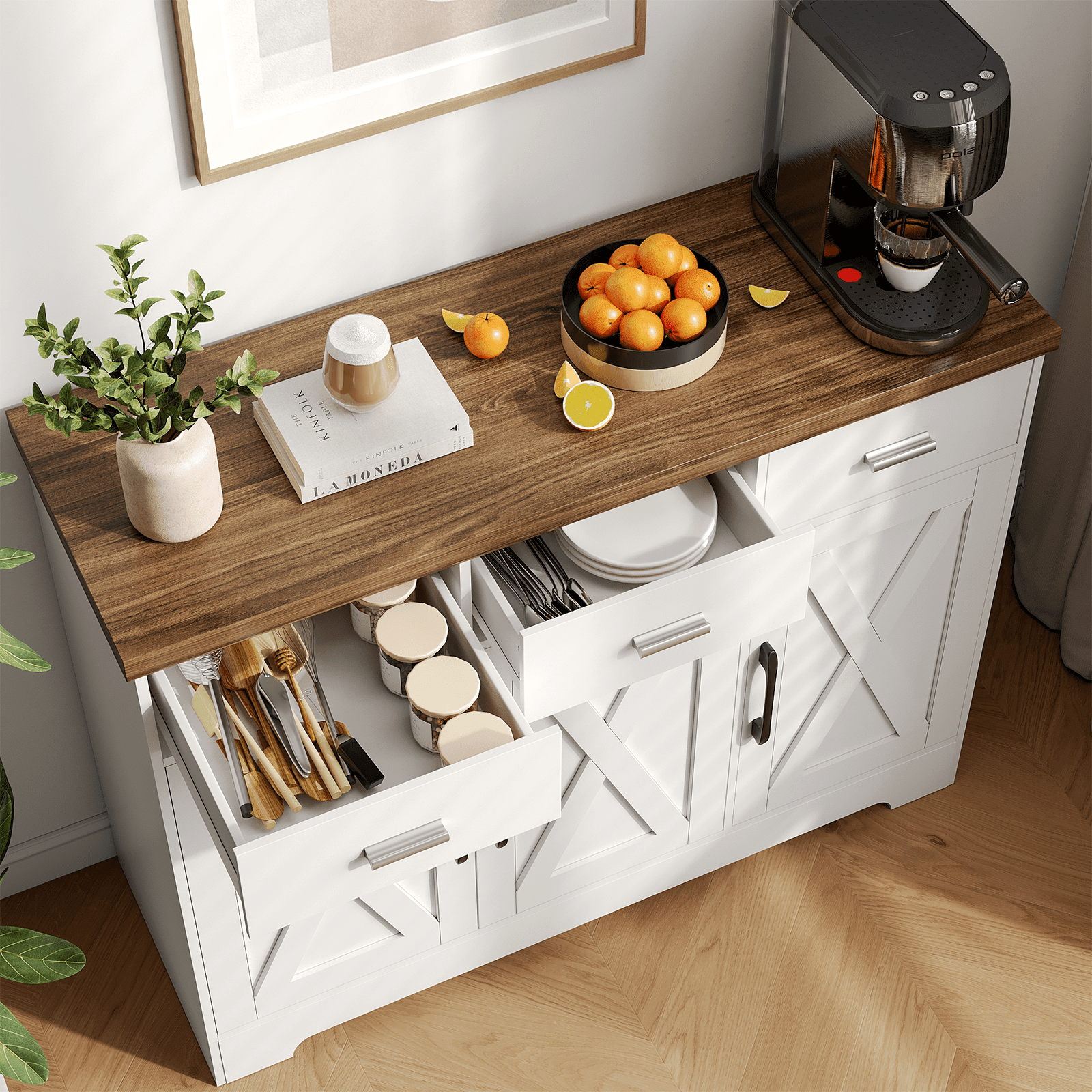 LAFGUR Buffet Sideboard Cabinet,Wood Kitchen Storage Cabinet with Adjustable Shelves,Modern Farmhouse Coffee Bar Cabinet for Kitchen, Dining Room, White