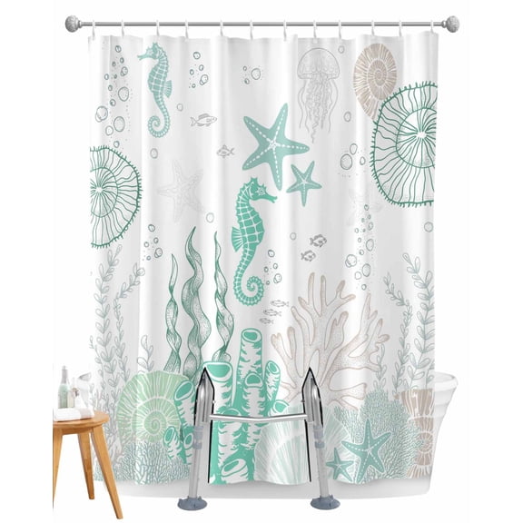 Split Shower Curtain for Transfer Bench, Coastal Turquoise Fabric Shower Curtains for Bathroom, Coral Starfish Jellyfish Seahorse Tub Sliding Transfer Bench Waterproof Bath Curtains 72"x84"